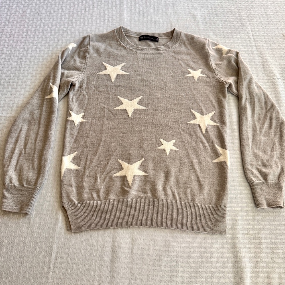 M&S Collection Star Print Grey Knit Sweater Crewneck Pullover US 2 UK 6 T38